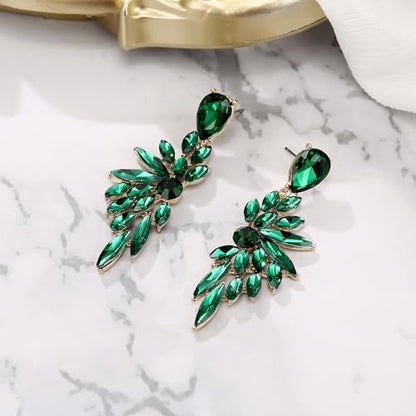 Women's Wedding Bridal Earrings Prom Dangle Earring | Shiny Crystal Teardrop Multi Marquise Cluster for Bride Bridesmaid Bling Jewelry Costume Party Accessories - color: 01-Emerald Color Gold-Tone