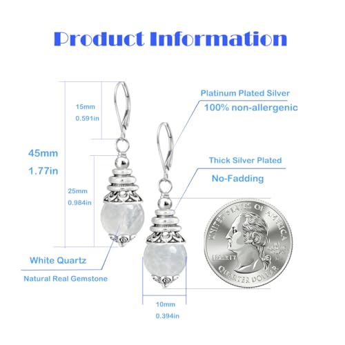 Natural 10mm Stone Beads Drop Earrings,Retro Silver Round Quartz Crystal Gemstone Beads Dangle Earrings for Women - color: A16_White Quartz