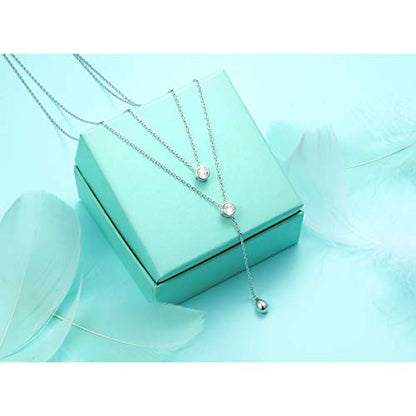 FLYOW Layered Necklace S925 Sterling Silver Y Shaped Jewelry - style: Two Round CZ Style