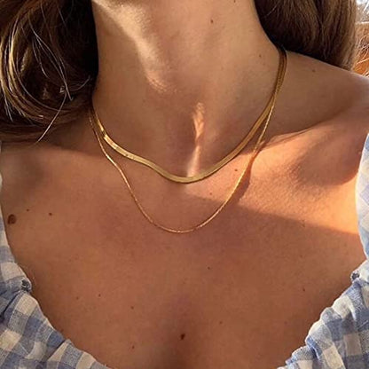 Tewiky Layered Necklaces for Women 14k Gold Plated Chain Necklace Set | Chunky Herringbone/Snake/Rope/Box/Cuban Link Chain for Women, Layering Stack Choker Necklace, Dainty Jewelry Set Non Tarnish - color: Layered Herringbone Gold