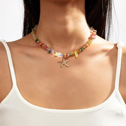 Gold Starfish Necklace Natural Stone Beaded Necklaces for Women Boho Handmade Irregular Stone Bead Necklace Summer Beach Ocean Jewelry Gift - color: Colorful