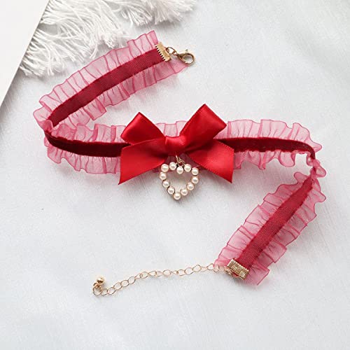 Bethynas Sexy Lace Bowknot Choker Collar Lolita Velvet Heart Pendant Tie Neck Chain Gothic Cosplay Neck Accessories for Women - color: Red