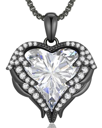 CDE Angel Wings Heart Birthstone Pendant Necklace Gift for Women | Silver/Gold Tone,Ideal Birthday & Anniversary Jewelry Gift for Wife,Girlfriend,Her - color: Black-04-White Birthstone