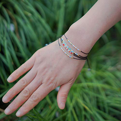 RareLove 3 Pieces Sisters Morse Code Bracelet Friendship Birthday Best Friends Gift For 3 Women Blue White Tiny Pony Seed Beads Black String Bracelets - size: 6.69 inches + 1.77 inches extender