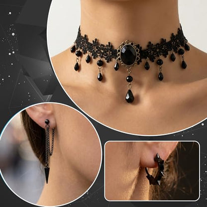MOSTORY Gothic Accessories for Women, 3 Pcs Blakc Beaded Lace Choker Necklace Dangle Earrings Spike Heart Hoop Earrings Set for Goth Cosplay Witch Aesthetic Renaissance Renfaire Halloween