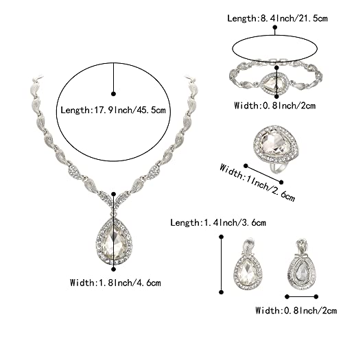 Womens Africa 18k Gold Plated Jewelry Set Crystal Rhinestones Petals Teardrop Cluster Bib Statement Necklace Link Bracelet Dangle Earrings Ring for Prom - color: 01-Clear Silver-Tone