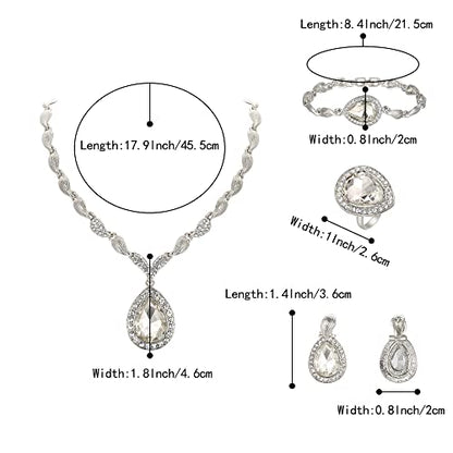 Womens Africa 18k Gold Plated Jewelry Set Crystal Rhinestones Petals Teardrop Cluster Bib Statement Necklace Link Bracelet Dangle Earrings Ring for Prom - color: 01-Clear Silver-Tone