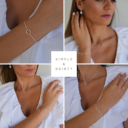 Solid 925 Sterling Silver Bracelets for Women, Dainty Interlocking Circles Cubic Zirconia Adjustable Chain Bracelet, Trendy Stackable Link Bracelets, Simple Cute Jewelry Gifts - color: Silver Karma Circle