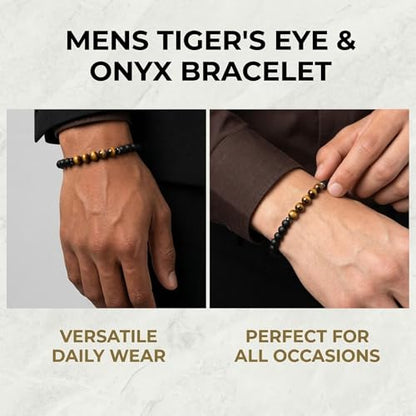 Flybar Men's 4 Piece Beaded Bracelet Set, Natural Lava Stone Black Onyx Matte Agate Tiger Eye, Stretchable Elastic Handmade Stackable - color: CD01 Tiger Eye Cross