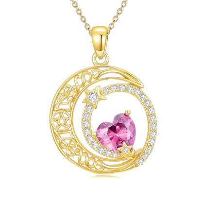 Midari 18K Yellow Gold Sun Moon Star Pendant Rose Flower Necklaces I Love You Forever Sun Moon Jewelry Gift for Mother Women - color: 10-Oct-Pink, style: Moon&Star