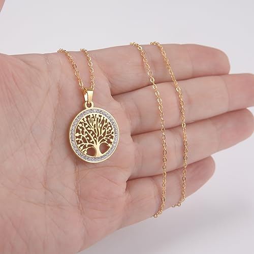 Dreamtimes Tree of Life Necklace for Women Stainless Steel Gold Color Clear Zircon Round Pendant Neck Chains Family Tree Fashion Charm Luxury Jewelry Wedding Gift - color: GOLD
