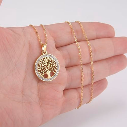 Dreamtimes Tree of Life Necklace for Women Stainless Steel Gold Color Clear Zircon Round Pendant Neck Chains Family Tree Fashion Charm Luxury Jewelry Wedding Gift - color: GOLD