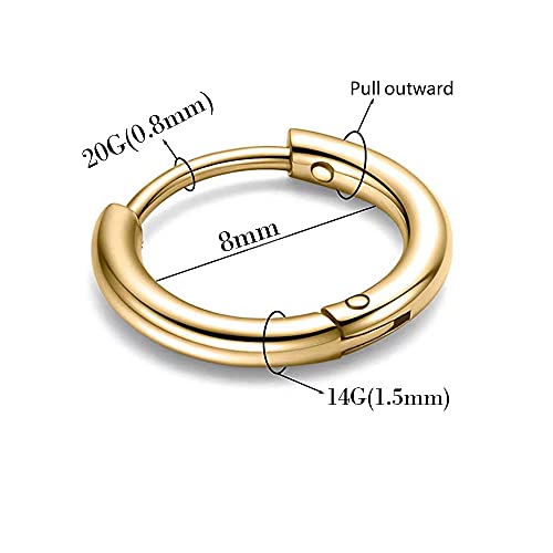 316L Surgical Stainless Steel Huggie Hoop Earrings 6mm 8mm 10mm 11mm 12mm 14mm Hypoallergenic Earrings Hoop Cartilage Helix Lobes Hinged Sleeper Earrings For Men Women - style: B09:8mm Gold (THK 1.5mm)