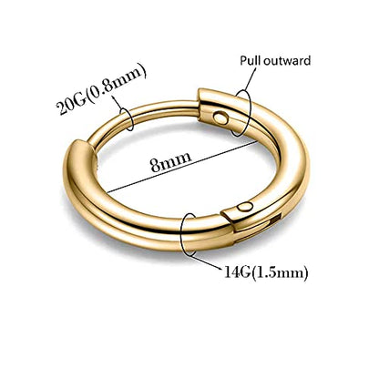 316L Surgical Stainless Steel Huggie Hoop Earrings 6mm 8mm 10mm 11mm 12mm 14mm Hypoallergenic Earrings Hoop Cartilage Helix Lobes Hinged Sleeper Earrings For Men Women - style: B09:8mm Gold (THK 1.5mm)