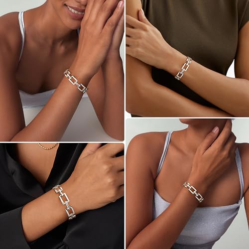 Gelbesty Infinity Love Knot Dainty Gold Bangle Bracelets for Women, 14K Gold Plated Adjustable 925 Silver Bracelet, Trendy Jewelry Gifts for Valentine's Day - color: Silver_Square&CZ