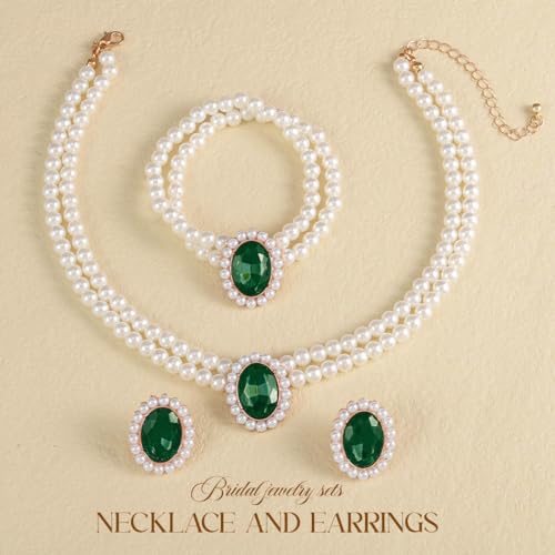 Brishow Pearl Necklace Jewelry Set Wedding Pearls Earrings Necklaces Set Bridal Crystal Bracelet Jewelry for Women (Pack of 3) - color: Green, size: 2 Layered