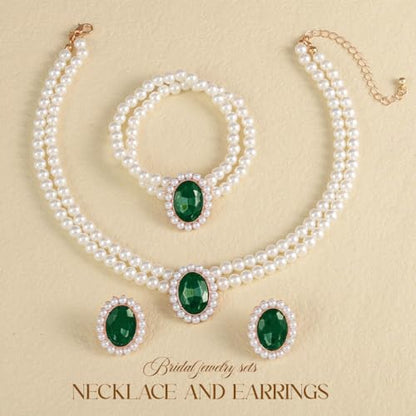 Brishow Pearl Necklace Jewelry Set Wedding Pearls Earrings Necklaces Set Bridal Crystal Bracelet Jewelry for Women (Pack of 3) - color: Green, size: 2 Layered