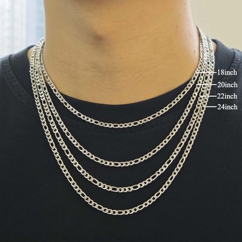 Stainless Steel Figaro Link Chain Necklace For Men Women, 3mm 4mm 5mm 7mm Width, 18k Gold Plated 18 20 22 24 Inch Figaro Chain, No Tarnish Durable Waterproof Jewelry - color: 4MM Silver, size: 20inches