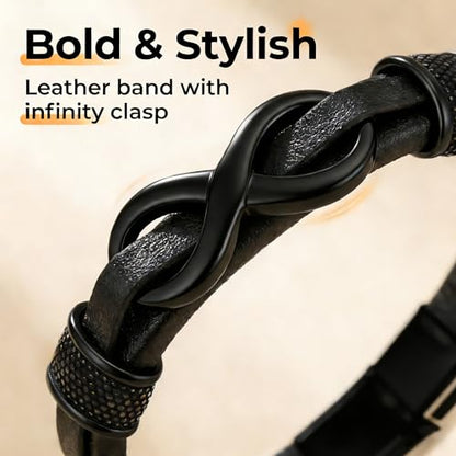 Men's Leather Infinity Bracelet Stainless Steel Number 8 Wristband Cuff Bangle Bracelets Gifts for Men, 8.3 & 9.1 inches - color: 04.Genuine leather & black infinity, size: 8.3inch(Fits most wrists.)