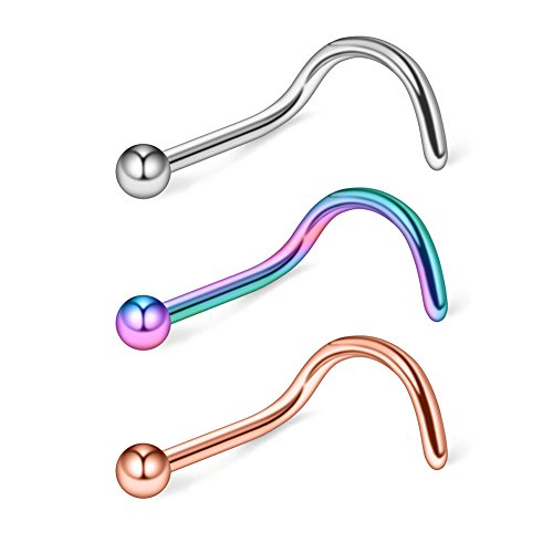 18G(1.0MM) 316L Surgical Steel Curved Nose Stud Ring Twister Screws with 2MM Ball Piercing Jewelry - color: 3PCS - Mix Color(Steel+Rainow+Rose Gold)