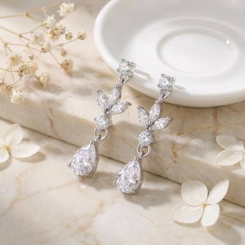 Sonateomber Gold Silver Pearl Rhinestone Dangle Earrings for Women, Elegant CZ Leaf Butterfly Bridal Earings Prom Wedding Fashion Jewelry Gift - color: Silver CZ