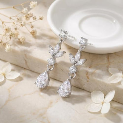 Sonateomber Gold Silver Pearl Rhinestone Dangle Earrings for Women, Elegant CZ Leaf Butterfly Bridal Earings Prom Wedding Fashion Jewelry Gift - color: Silver CZ