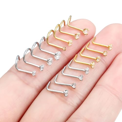 Hoeudjo Nose Studs Surgical Steel Nose Rings Studs 18G 20G 22G Cubic Zirconia 1.5mm 2mm 2.5mm 3mm Hypoallergenic Nostril Ring Screw & L-Shaped Nostril Piercing Jewelry for Women Men - color: silvertone+goldtone, size: 20g