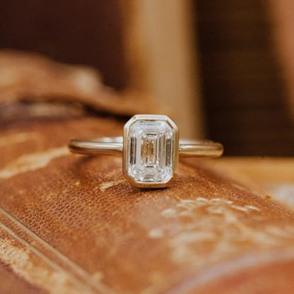 2.5CT Emerald Cut Moissanite Solitaire Ring, 14K Yellow Gold Engagement Ring, Bezel Setting, Statement Ring, Gift For Her, Wedding Ring By SHREESHYAMJEWELLS - color: Moissanite