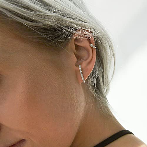18K Gold Plated Sterling Silver Paved Gemstone Curved Bar Ear Cuffs Suspender Earrings CZ Huggie Earrings - color: Rhodium Plated