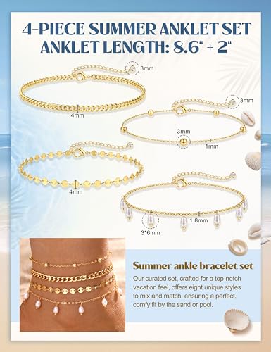 Subiceto Ankle Bracelets for Women Waterproof - 14K Gold Plated Non Tarnish Anklets Set Dainty Stainless Steel Stackable Layered for Beach Summer Jewelry Adjustable - color: 4Pcs Pearl-14K Gold Plated