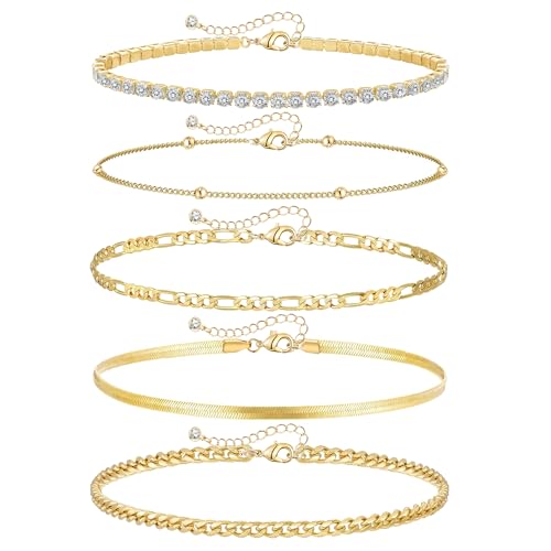 Gold Ankle Bracelets for Women,14k Gold Plated Anklets Waterproof Cuban Link Tennis Herringbone Beaded Chain Anklets Set Layered Anklet Bracelets for Women Adjustable Summer Beach Jewelry 5pcs - color: A:Gold cuban+bead+tennis+herringbone+figaro