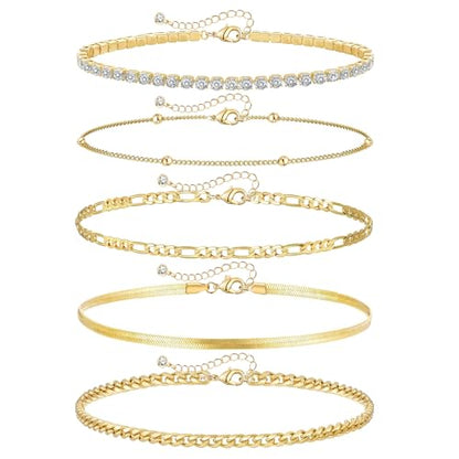 Gold Ankle Bracelets for Women,14k Gold Plated Anklets Waterproof Cuban Link Tennis Herringbone Beaded Chain Anklets Set Layered Anklet Bracelets for Women Adjustable Summer Beach Jewelry 5pcs - color: A:Gold cuban+bead+tennis+herringbone+figaro