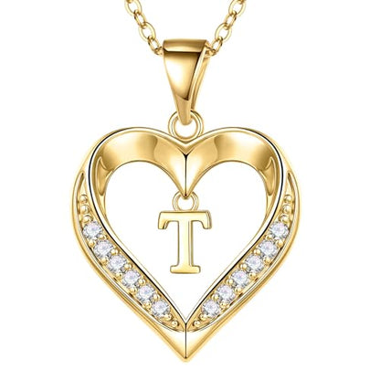 Turandoss Heart Initial Necklaces for Women - Dainty 14K Gold Plated CZ Heart Pendant Necklace with Tiny Letter A-Z, Non Tarnish Waterproof Trendy Jewelry Gifts for Mom Wife Girlfriend - color: Gold, style: T