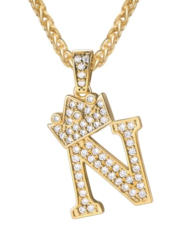 U7 Crown Initial Necklace Men Women, Bling Diamond A-Z 0-9 Letter Pendant with Wheat Chain, Silver/Black/Gold Plated CZ Alphabet Number Hip Hop Jersery for Father Husband - color: a. Gold, size: 14. N