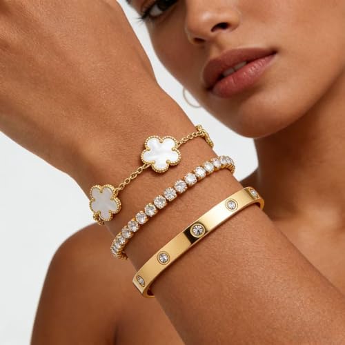 Gold Bracelet Stack,18K Gold Plated Clover Bracelet Love Gold Bangles Tennis Bracelet,3Pcs Gold Bracelets for Women Trendy Non Tarnish Gold jewelry for Women Gift - color: WHITE