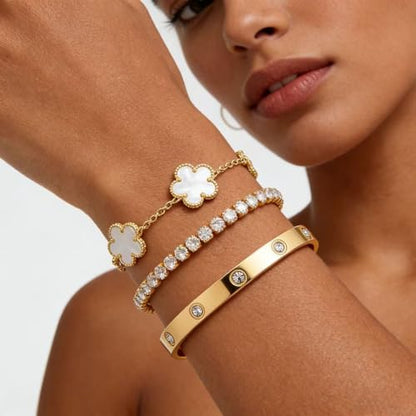 Gold Bracelet Stack,18K Gold Plated Clover Bracelet Love Gold Bangles Tennis Bracelet,3Pcs Gold Bracelets for Women Trendy Non Tarnish Gold jewelry for Women Gift - color: WHITE
