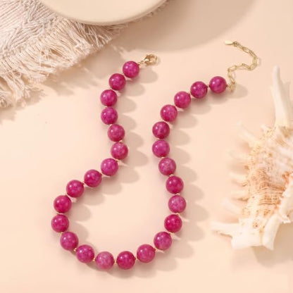 Colorful Beaded Necklace for Women Boho Statement Chunky Necklace Natural Stone Beads Gemstone Choker Necklaces Handmade Summer Beach Jewelry - color: Hot Pink