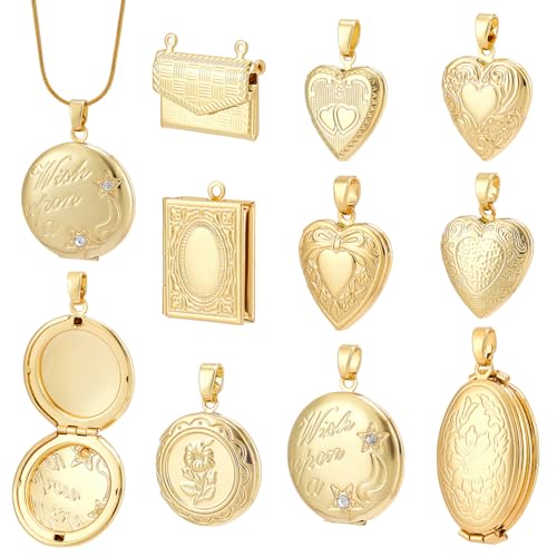 AHANDMAKER 9pcs 9 Styles 18K Gold Plated Locket Pendants Blanks Settings | Brass Photo Heart Frame Pendants, Oval/Flower/Bag/Book/Round Shape, Memory Locket Charms for Jewelry Making