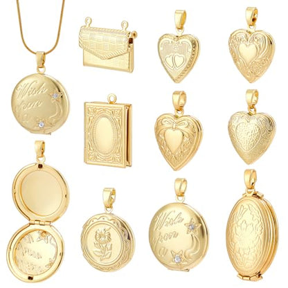 AHANDMAKER 9pcs 9 Styles 18K Gold Plated Locket Pendants Blanks Settings | Brass Photo Heart Frame Pendants, Oval/Flower/Bag/Book/Round Shape, Memory Locket Charms for Jewelry Making
