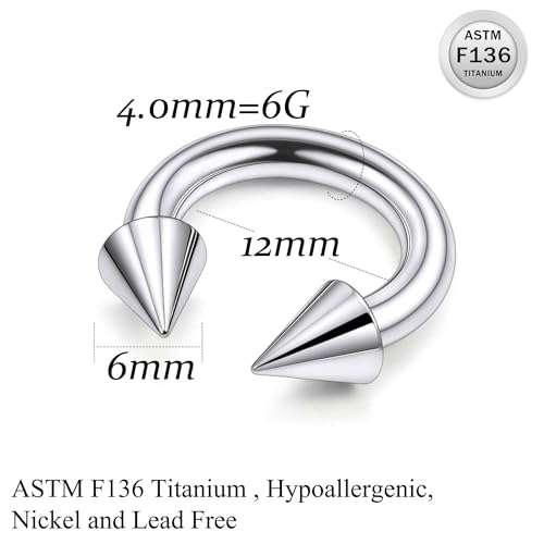 Ruifan 20G 18G 16G 14G 12G 8G 6G 4G 2G Horseshoe Nose Ring Titanium Septum Rings Piercing Jewelry Internally Threaded Gauges Cartilage Conch Helix Rook Lip Tragus Earring Hoop Eyebrow For Women Men - size: Spike: 6G - 12MM