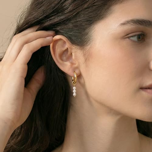 Pearl Earrings VeroSteel Dangle Earrings for Women, Dainty 14k Gold Huggie Hoop Earrings with Pearls, Trendy Pearl Drop Earrings, Stainless Steel Hypoallergenic Stud Earrings For Sensitive Ears - style: Asymmetric