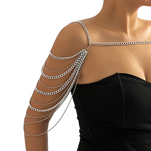 Summer Beach Punk Shoulder Body Chain Multi-Layered Back Chain Bikini Metal Tassel Arm Chain Statement Bridal Wedding Backdrop Necklace Body Chain Jewelry for Women - color: Siler
