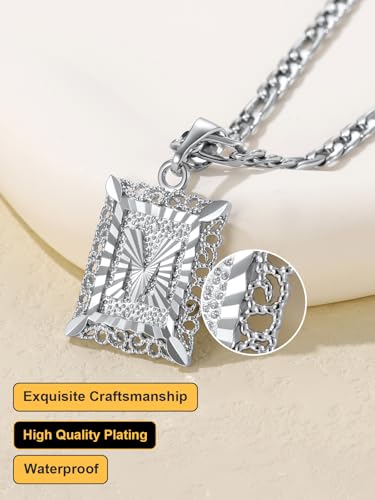 U7 Initial Letter Necklace for Men Women, 14K Gold/Silver Plated Square Capital Monogram Pendant Necklace from A-Z with 22+2 Inch Figaro Chain, Personalized Jewelry for Him - color: Silver, style: V