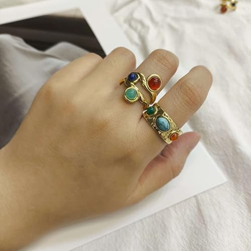 Gold Statement Ring, Vintage Adjustable Natural Stone Ring with Lapis Lazuli, Red Agate, Amazonite, Boho Jewelry for Women
