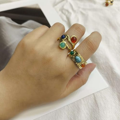 Gold Statement Ring, Vintage Adjustable Natural Stone Ring with Lapis Lazuli, Red Agate, Amazonite, Boho Jewelry for Women