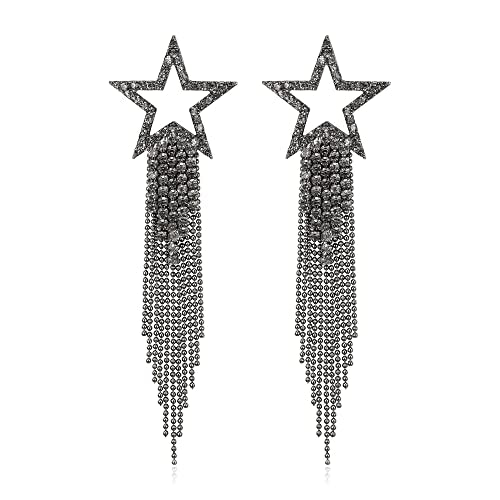 EVER FAITH Crystal Long Waterfall Star Tassel Clip-on Earrings for Women | Rhinestone Beaded Fringe Chandelier Dangle Statement Earring, Wedding Party Jewelry - color: Grey Black-Tone