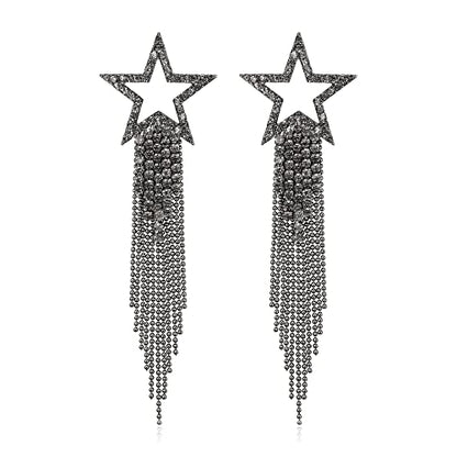 EVER FAITH Crystal Long Waterfall Star Tassel Clip-on Earrings for Women | Rhinestone Beaded Fringe Chandelier Dangle Statement Earring, Wedding Party Jewelry - color: Grey Black-Tone