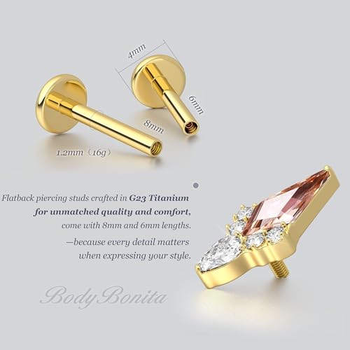 G23 Titanium 16G Tragus Conch Piercing Jewelry Flat Back Stud Earrings | Hypoallergenic CZ Nose Dangle Helix Medusa Lip Labret Body Piercing Jewelry, 14K Gold Plated, Silver, 6 and 8 mm Post Length - color: Majesty-14K Gold