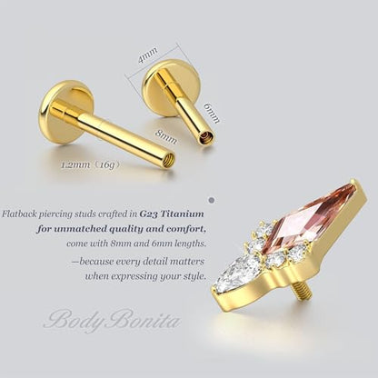 G23 Titanium 16G Tragus Conch Piercing Jewelry Flat Back Stud Earrings | Hypoallergenic CZ Nose Dangle Helix Medusa Lip Labret Body Piercing Jewelry, 14K Gold Plated, Silver, 6 and 8 mm Post Length - color: Majesty-14K Gold