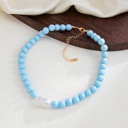 Colorful Faux Baroque Pearl Resin Beaded Choker Necklace Summer Tropical Jewelry for Women - color: Blue